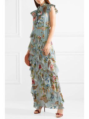 Alice + Olivia Leslie Tie Neck Burnout Ruffled Maxi Dress